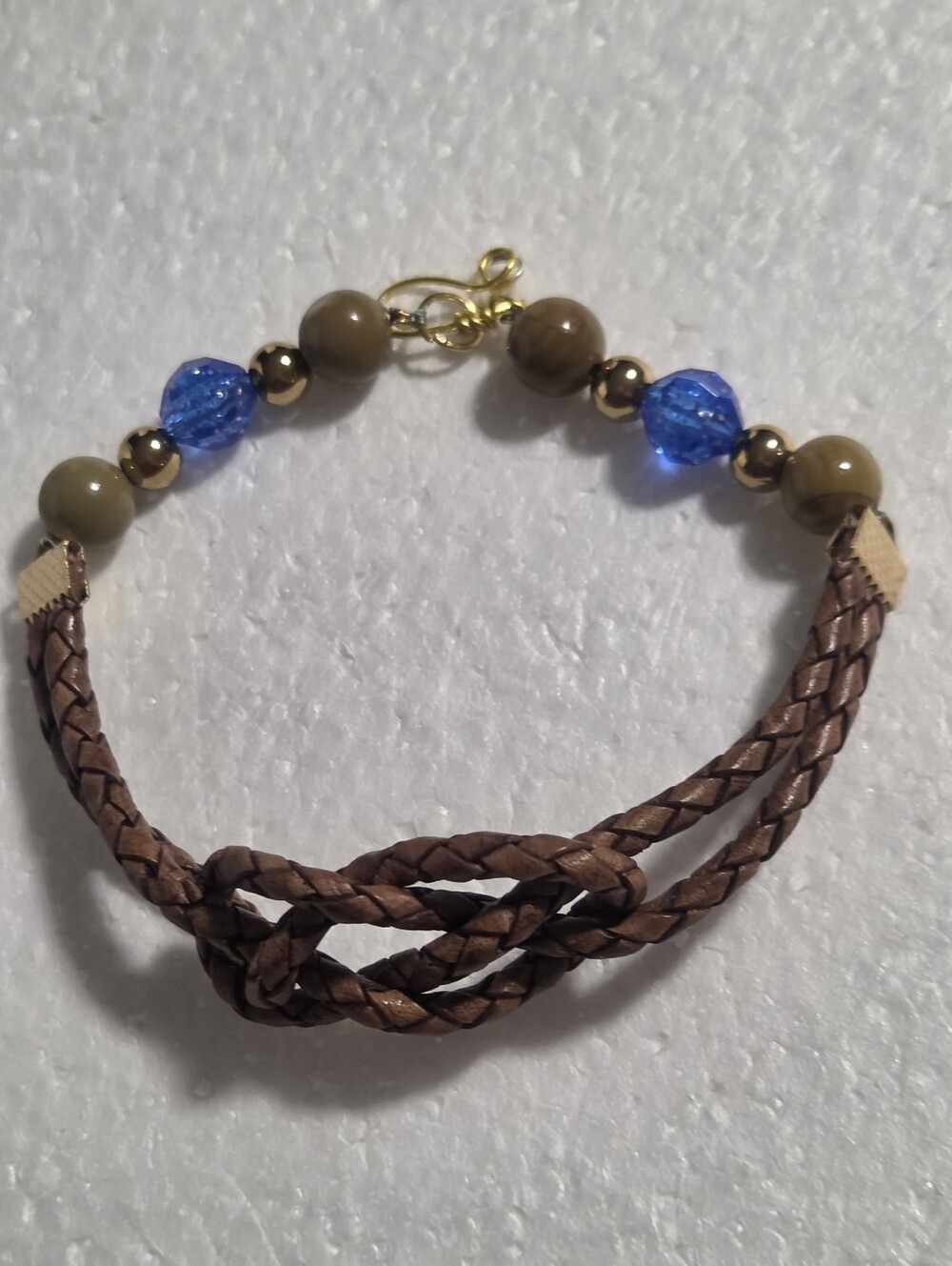 Handcrafted Brown Braided Leather and Blue And Brown Bead Bracelet